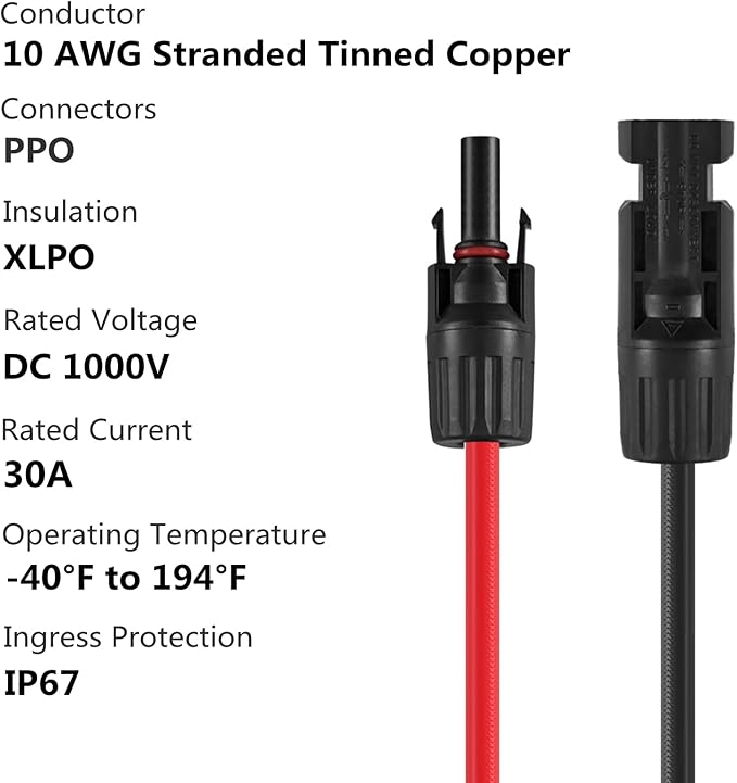 3 to 1 Solar Connectors Y Branch Parallel Adapter 10AWG Cable for Solar Panel (Red & Black)