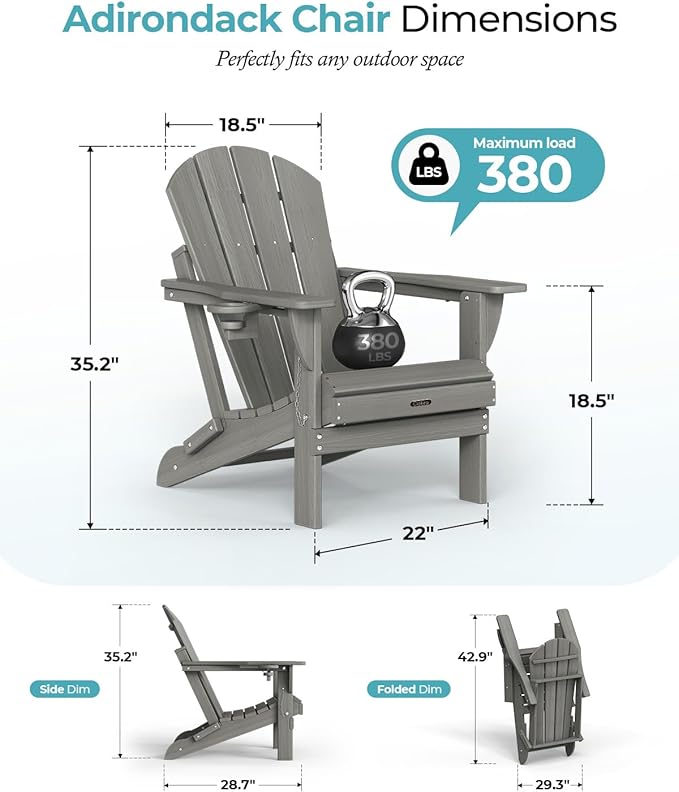 Ciokea Folding Adirondack Chair 2 Pack, Patio Adirondack Chair Weather Resistant, Plastic Fire Pit Chair with Cup Holder, Lawn Chair for Outdoor Porch Garden Backyard Deck (Grey)