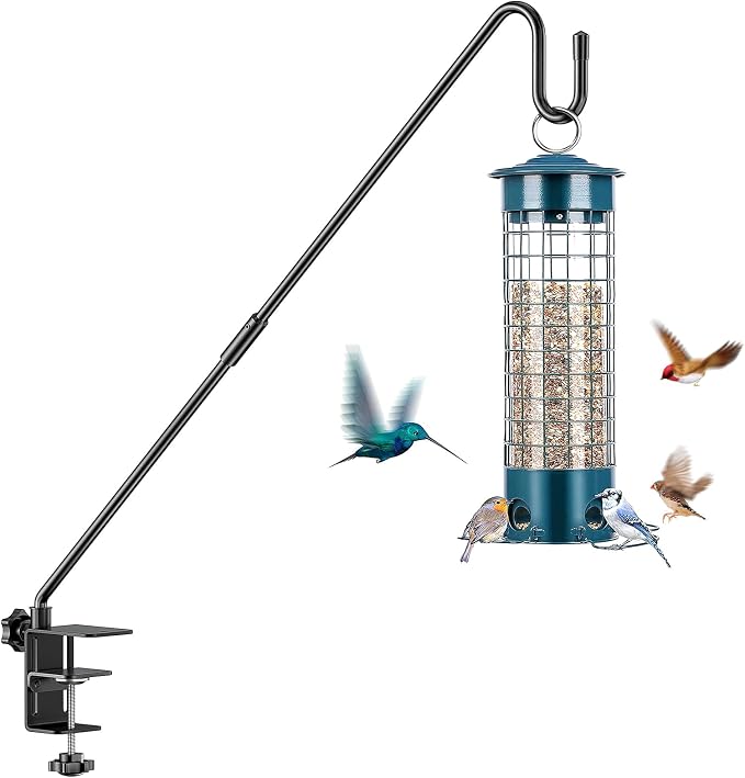 28" Adjustable Deck Railing Hook, Heavy Duty Rotating Plant Hanger | Clamp-mount for Bird Feeders, Planters, Lanterns & Wind Chimes | Fits up to 2.75" | 12 lbs Capacity | 360° Rotation