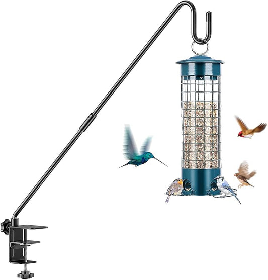 28" Adjustable Deck Railing Hook, Heavy Duty Rotating Plant Hanger | Clamp-mount for Bird Feeders, Planters, Lanterns & Wind Chimes | Fits up to 2.75" | 12 lbs Capacity | 360° Rotation
