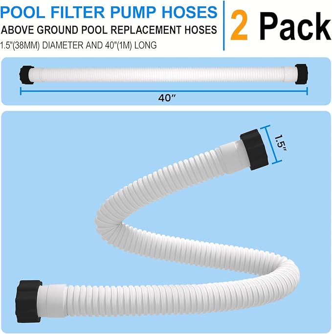 1.5" x 40" Pool Hose Replacement, Pack of 2 - Compatible with Above Ground Pools Filter Pump Hoses, Sand Filters, Saltwater Systems (1,500-2,500 GPH), White