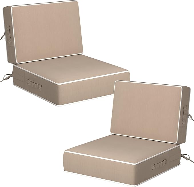 5" Thicker Outdoor Chair Cushions 2 Sets 24" *24" Waterproof Patio Chair Cushions for Outdoor Furniture w/Removable Cover 30D High Density Sponge Filling Thicken Patio Furniture Cushion w/Handle &Ties