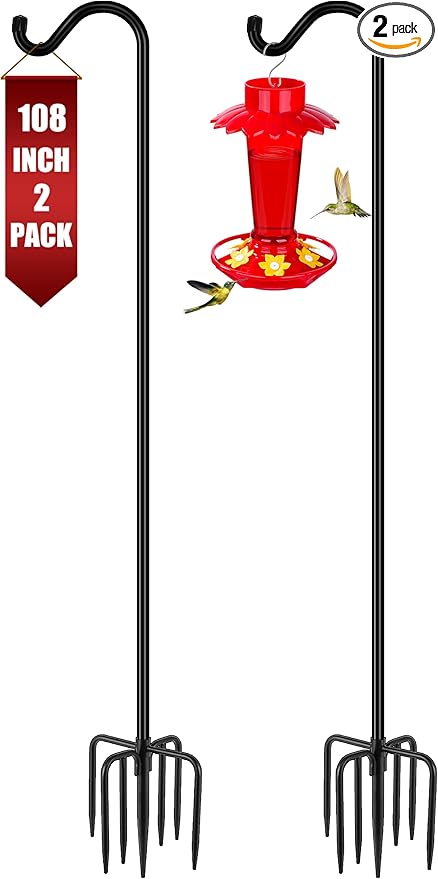 Gtongoko 2 Pack 108 Inch Tall Shepherds Hooks for Outdoor Bird Feeders, Heavy Duty Bird Feeder Pole Stand, Adjustable Hanger for Plant, Lights, Lanterns Wedding Decor with 7 Prongs Base