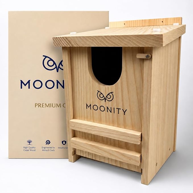 MOONITY Premium Cedar Owl House – 14" x 9" x 9" All-Season Nesting Box for Screech, Kestrel & More – Durable, Weatherproof & Easy to Install
