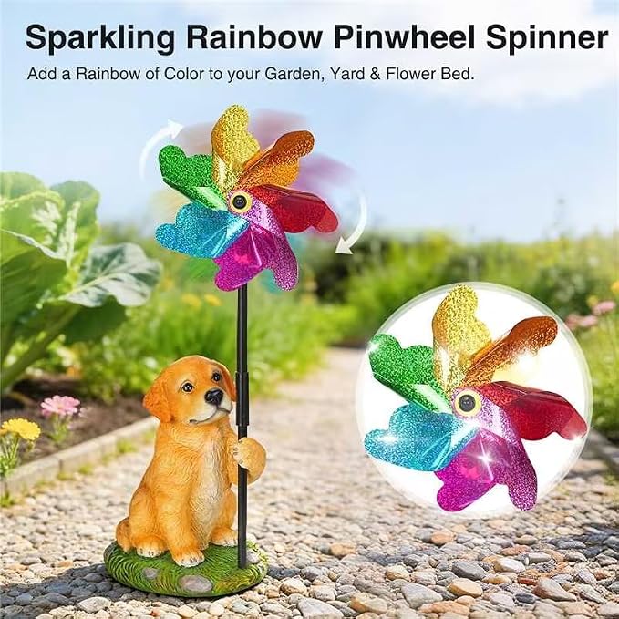 Dog Wind Spinner Decor, Waterproof Resin Golden Retriever Garden Statue with Colorful Pinwheel for Outdoor Patio, Flower Bed, Poolside, Backyard Lawn