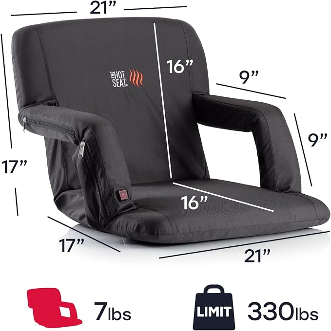 POP Design The Original Hot Seat, Portable Heated Stadium Seat for Bleachers, Reclining Arm and Back Support, Thick Cushion (USB Battery Not Included)