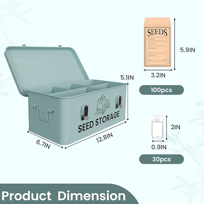 Seed Storage Organizer Box, Metal Seed Box, Garden Seed Organizer with Lid, Seed Containers Storage with 5 Compartments, 30 Seed Holder Organizers, 100pcs Seed Envelopes (Blue)