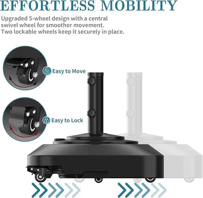 Umbrella Base, Heavy Duty Patio Umbrella Stand with 5 Wheels, Max 100lb Fillable Mobile Outdoor Base, Pole Holder 2 Knobs, UV Resistant and Windproof Design for Patio, Deck, Poolside, Lawn(19 in)