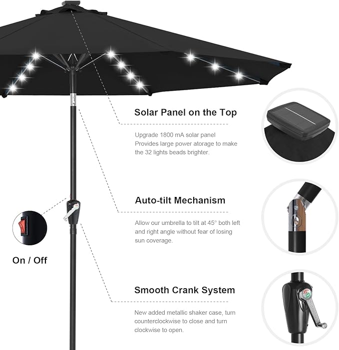 ABCCANOPY Durable Solar Led Patio Umbrellas with 32LED Lights 9FT (Black)