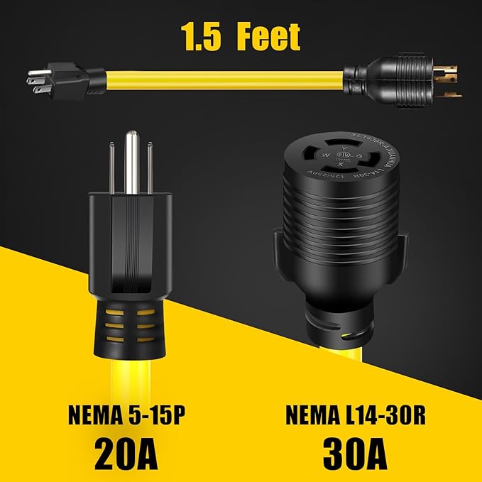 5-15P to L14-30R Power Adapter Cord, Household 3 Prong 15 Amp 5-15 Male Plug to 4 Prong 30 Amp L14-30 Female Receptacle Twsit Lock,Generator to House Inlet Box Adapter, ETL Listed