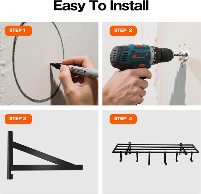Colinktool Garage Wall Shelving, 1X4 ft Garage Storage Rack,Heavy Duty Wall Mounted Storage Shelf With 12 Hooks-Each Loads 200lbs Metal Wall Shelf,Black,2Pack