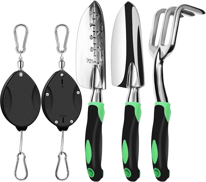 2Pcs Black Heavy Duty Retractable Plant Hanger for Hanging Plantsand and 3 Pack Aluminum Heavy Duty Garden Tool Set