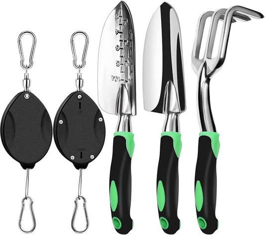 2Pcs Black Heavy Duty Retractable Plant Hanger for Hanging Plantsand and 3 Pack Aluminum Heavy Duty Garden Tool Set