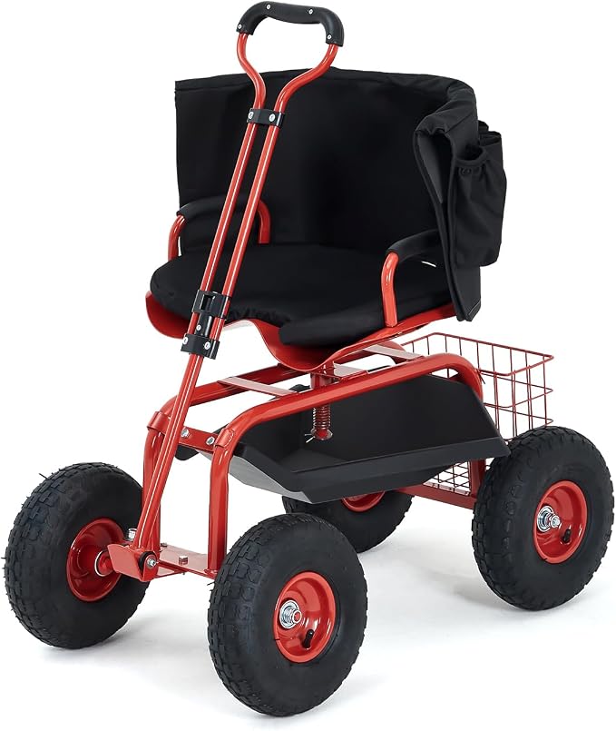 Rolling Garden Work Seat with Wheels, 360° Swivel Seat Gardening Cart with Extendable Steering Handle, Tool Tray and Storage Basket, 300 lbs Capacity, Gardening Stools for Patio, Yard, and Outdoors