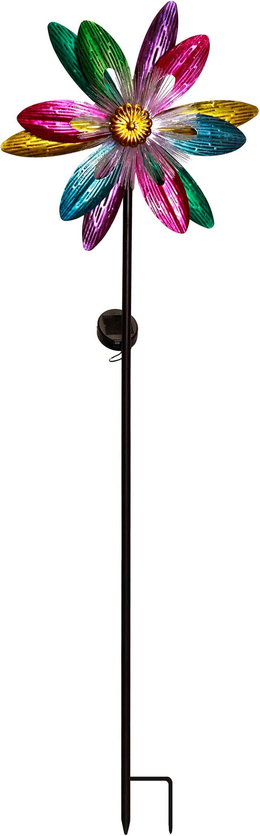 Alpine Corporation IHD144SLR Solar Flower Spinner Garden Stake with Fiber Optic LED Center, Metal Wind Spinner Yard Decor, Outdoor Solar Powered Lawn & Patio Decoration