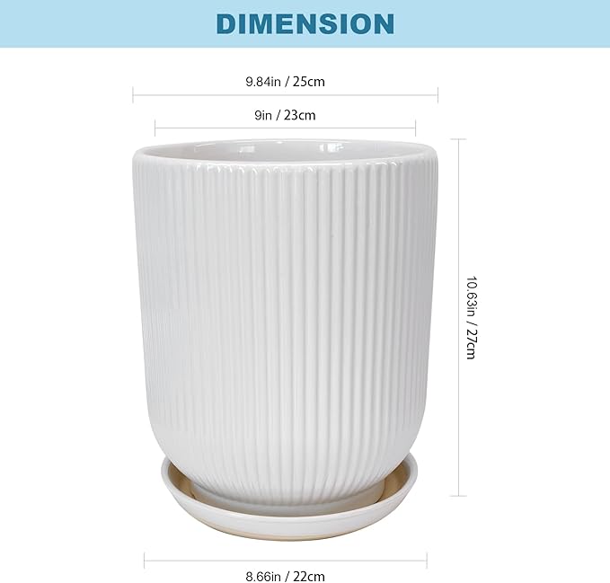 Deep Dream 10 Inch Ceramic Pots for Plants, Heavy Plant Pot for Indoor Outdoor Plants, Large Plant Pot with Drainage Hole and Saucer, Modern Tall Flower Pot, Gifts for Plant Lovers, White