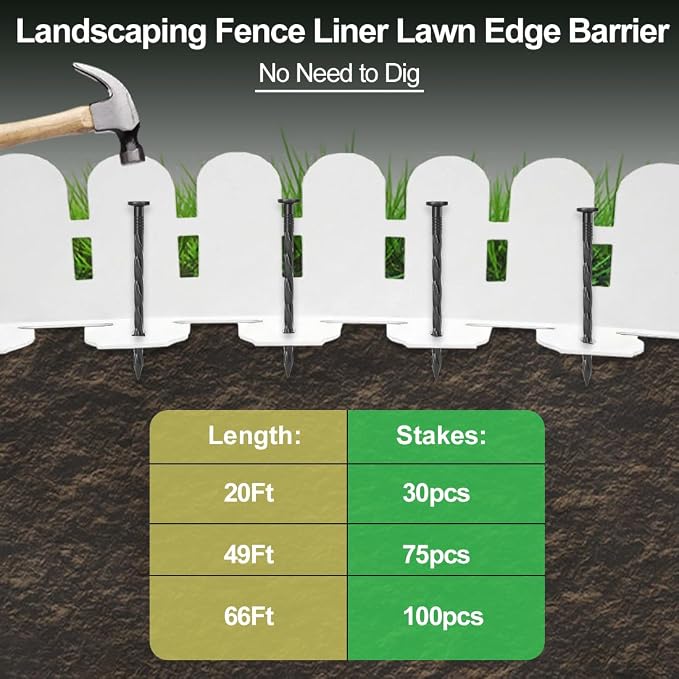 Landscape Edging 5.5IN x 49FT, Garden Edging Plastic Garden Borders, Tool-Free Flexible Lawn Edging Kits with 75pcs Anchoring Spikes for Home Lawns, Yards, Flowerbeds, White