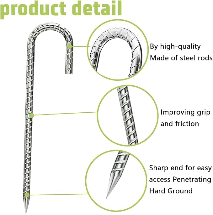 Ground-Stakes-Heavy-Duty-12 inch, J-Hook Rebar Stakes Galvanized Anti-Rust 20pcs Garden Stakes Metal Ground Anchors for Garden Dog Fence Chicken Coop Christmas Decorations Deer Fence