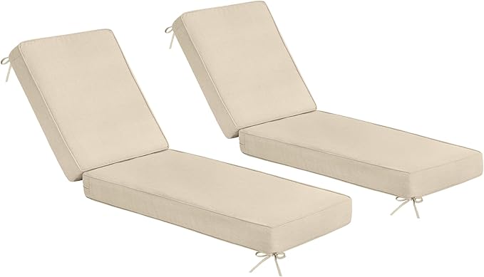 Sundale Outdoor Olefin Chaise Lounge Cushion Set of 2, Water-Resistant Patio Lounge Chair Cushion, Thick Lounger Pad with 4 Straps Beige, 72 x 21 x 4 Inches