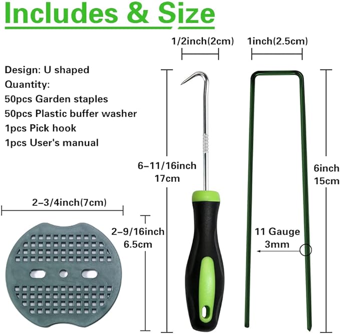 Bakulyor 50pcs Green Artificial Turf Stakes Staples + 50pcs Buffer Washer, 6 Inch 11 Gauge Landscape Staples, Galvanized Lawn Spikes, Heavy Duty Yard Ground Pin for Grass Weed Barrier Sod Fabric