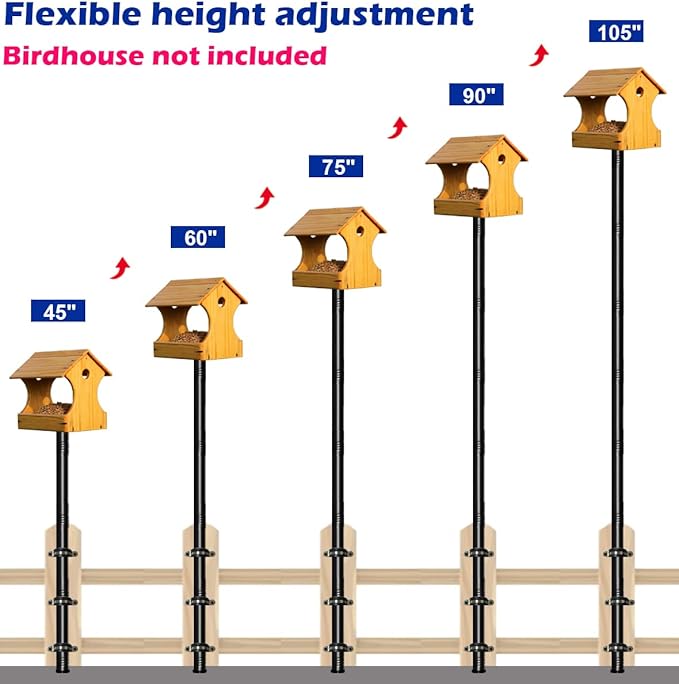 Garbuildman 105 Inch Bird Feeder Pole Kit, Heavy Duty Bird House Pole Set for Deck Fence or Patio Railing, Adjustable Universal Mounting Post Kit for Outdoors, Matte Black, 1 Pack