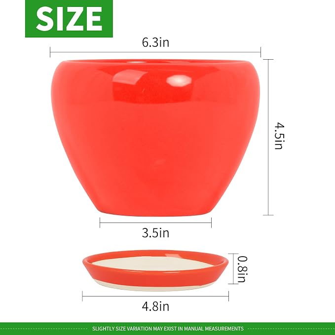 Deep Dream 6 Inch Plant Pots- Ceramic Planter Pot with Drainage Hole and Saucer, Round Flower Pot for Indoor Outdoor Succulent, Snake Plants and Cactus, Red