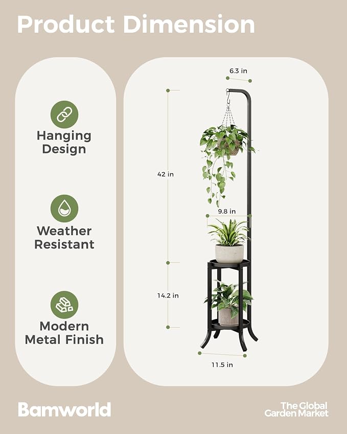 Bamworld Hanging Plant Stand Indoor Corner Tall Plant Shelf Outdoor Space-Saving Metal Plant Holder for Multiple Plants 2 Tier Planter Stand for Patio Garden Balcony Living Room Black