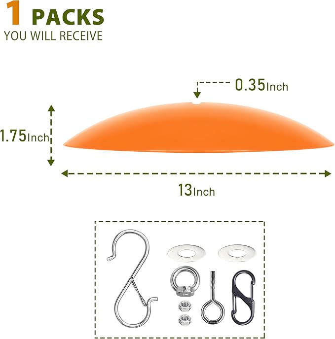 13" Bird Feeder Rain Guard, Hummingbird Feeder Shade Dome Cover, Hanging Baffle for Bird Feeder Pole,Smart Birds Feeder's Umbrella(Translucent Orange), 1 Pack