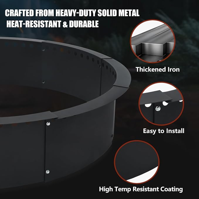 40 Inch Smokeless Fire Pit Ring, Heavy Duty Steel Fire Pit Ring Insert with Air Vent Design, 44 Inch Outer Diameter Round Fire Ring for Outdoor Wood Burning, Backyard, Patio, Garden & Camping