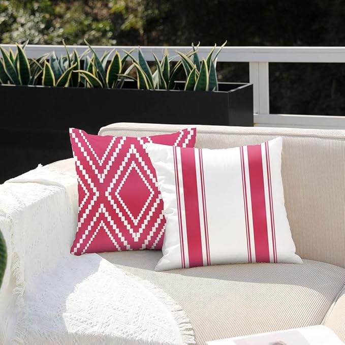 DFXSZ Outdoor Pillow Covers 20x20 Inch Set of 4 Hot Pink Waterproof Modern Geometry Throw Pillows Outdoor Summer Waterproof Decor for Patio Funiture Garden Polyester Cushion Covers 013L20