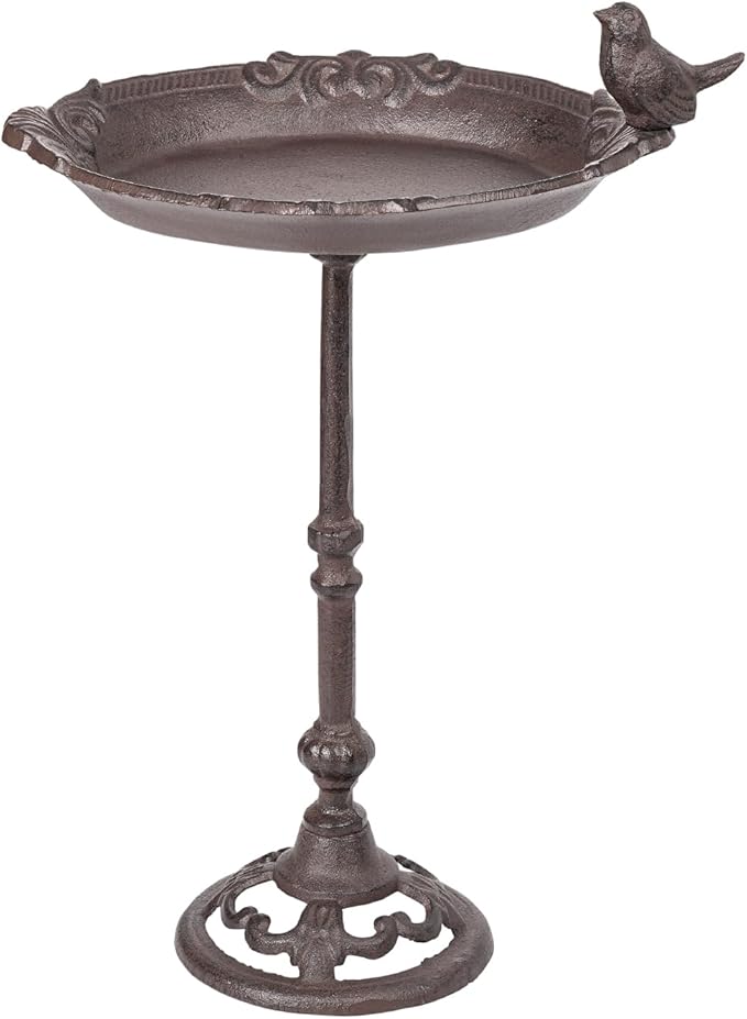 Sungmor Vintage Cast Iron Birdbath for Outside,15.6" Tall Bird Feeder with Adorable Bird Statue,Freestanding Oval Water Bowl,Distressed Brown Finish