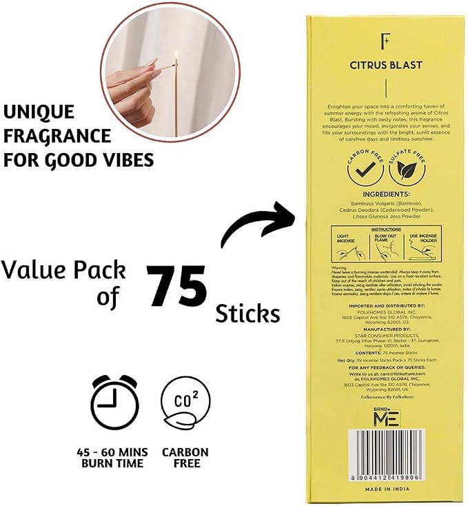 Folkulture Incense Sticks (75 Sticks) |8" Premium Smell Like Summer Incense Sticks for Odor Neutralizer, Summer Vibes|No Charcoal,Organic,Non Toxic, Long Burning Citrus, Summer Scents Insence-Sticks