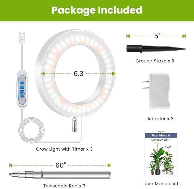 Kullsinss White Grow Light, Full Spectrum LED Plant Lighs for Indoor Growing with 6/12/16H Timer, 3 Color Modes, 5 Brightness, 10"-60" Height Adjustable Plant Lamp for Tall Indoor Plants (3 Pack)