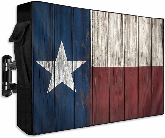 Western Texas Star Outdoor TV Cover 52-55 Inch Weatherproof, Country Outdoor TV Enclosure with Zipper & Roll Up Front Flap, Blue White Red Wood Waterproof TV Covers for Outside Flat Screen TV