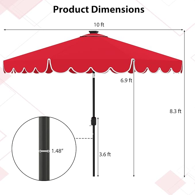 Tangkula 10FT Solar LED Patio Umbrella, 2-Tiers Scalloped Outdoor Table Market Umbrella with 24 LED Lights, Vented Top, Tilt Adjustment, Crank, 8 Ribs for Backyard Poolside Deck Beach Lawn (Red)