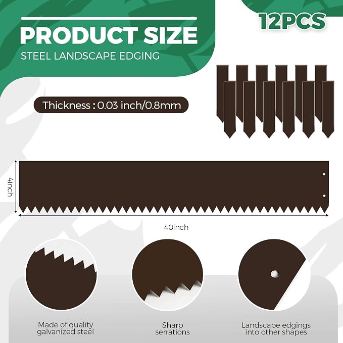 Therwen 12 Pieces Steel Landscape Edging 4 x 40 Inch Metal Garden Lawn Edging Border Hammer in for Outdoor Garden Yard Landscaping(Brown)