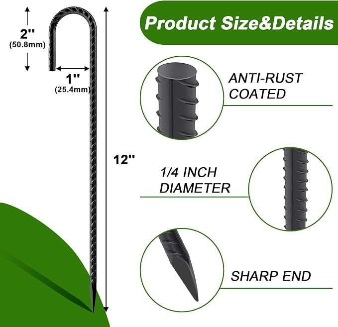 AAGUT Rebar Stakes 12 Inch 32 Pack, J Hook Premium Black Coated Ground Garden Anchors Heavy Duty, Superior Rust Resistance Chain Link Fence Stakes for Camping Tent, Inflatables, Lawn Decor