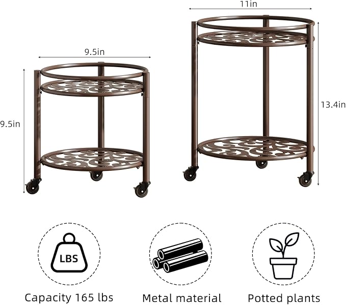 2 Tier Heavy Duty Rolling Plant Stand – 150 lbs Capacity Flower Pot Holder with Wheels for Indoor & Outdoor, Easy Move Cart for Balcony, Patio, Garden, 2 Pack Coffee