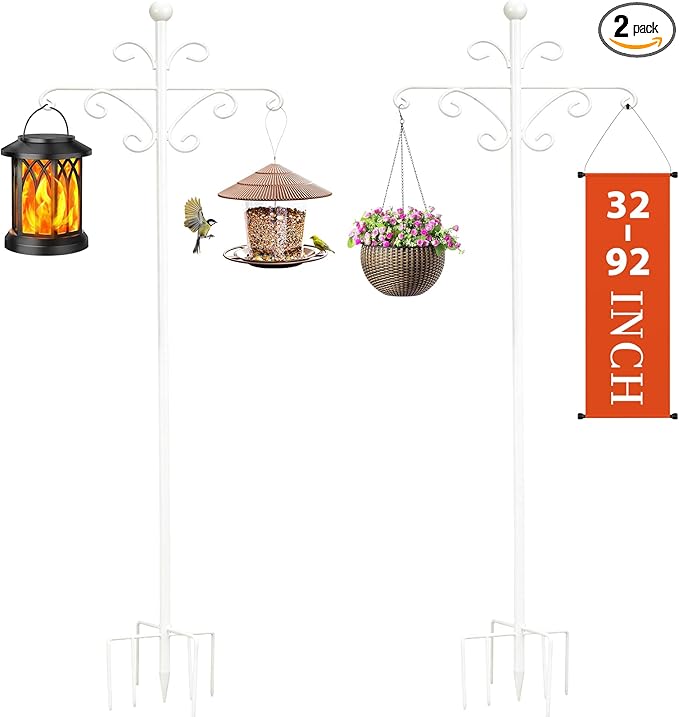 Bird Feeder Pole for Outdoors Heavy Duty Squirrel Proof, 2 Pack 92 Inch Adjustable Tall Shepherds Hooks for Outdoor with 7 Prongs Base, Double Shepherd Hooks (2 Pack White, 92 Inch)
