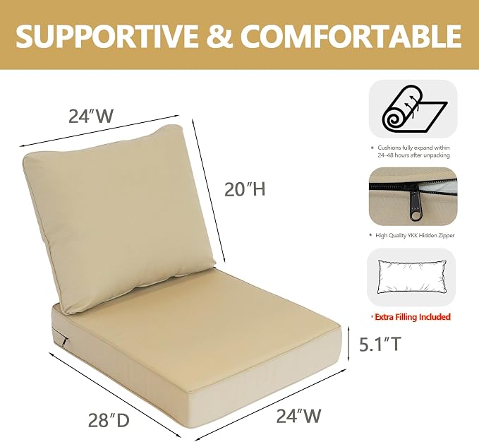 Goodgoods 24 x 28 Outdoor Patio Deep Seat Cushions 2-Pack, 1000+ Hours Fade-Resistant & Water-Resistant Outdoor Furniture Chair Cushions with 30D High-Resilience Foam for Sofa Chair, Beige
