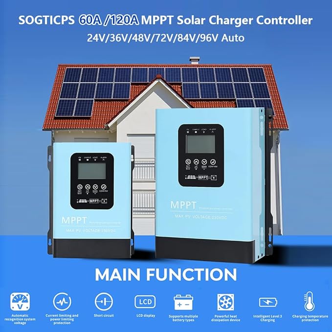 60A MPPT Solar Charge Controller,12V 24V 36V 48V 60V 72V 84V 96V Solar Battery Regulator PV Max 230V for Sealed Lead Acid Gel and Li Battery