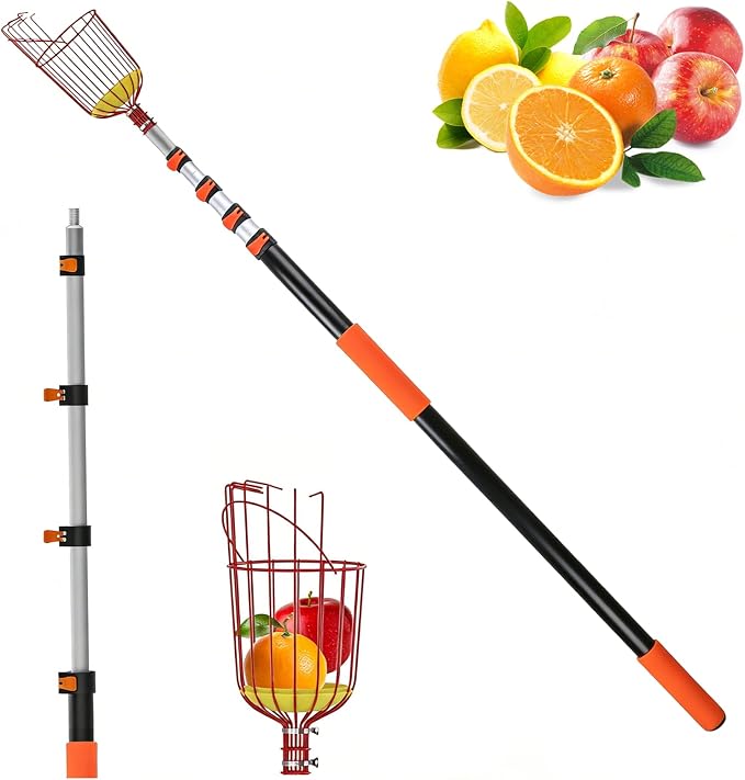 26FT Reach Fruit Picker Pole with Basket Telescoping,5-20FT Fruit Picker Pole with Basket, Apple Picker with Telescoping Long Handle, Fruit Grabber with Sturdy & Adjustable Aluminum Pole for Orange