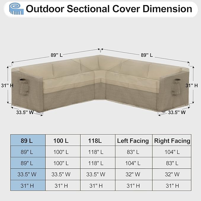 OutdoorLines Waterproof Outdoor Patio Sectional Cover - UV Resistant & Windproof V-Shaped Patio Furniture Covers for Deck, Lawn and Backyard, 420D Heavy Duty Couch Cover 89" L (on Each Side) Camel