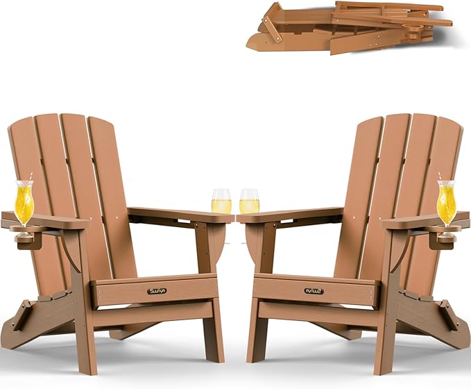 Folding Adirondack Chair 2 Pack, HDPE All-Weather Fire Pit Chairs, Plastic Adirondack Chairs with 2 Cup Holder, Outdoor Lawn Chair for Patio Garden (Teak)