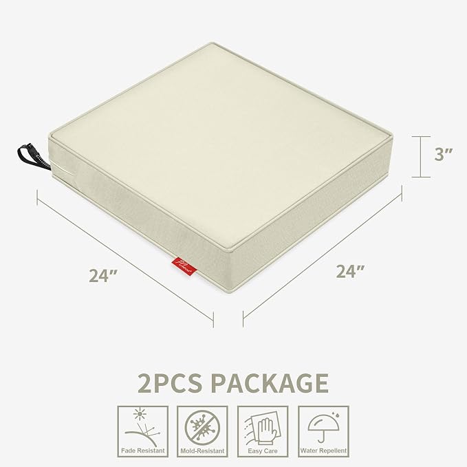 Patio Chair Cushions 24x24 Inch, Water Repellent Outdoor Seat Cushions with Adjustable Straps, Fade Resistant Replacement Cushions for Garden Deck Sofa Couch, Set of 2, Beige