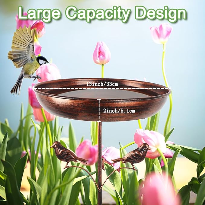 DREAMSOUL 13" Dia Bird Bath with 5 Prong Stake, 34 Inch Tall Bird Bath for Outside Metal Birdbath for Garden Yard Patio