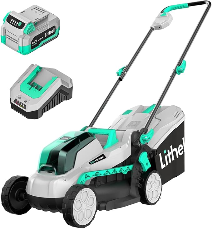 Litheli 20V 13" Cordless Lawn Mower & 20V Cordless 350 CFM 85 MPH Leaf Blower Bundle with Battery & Charger