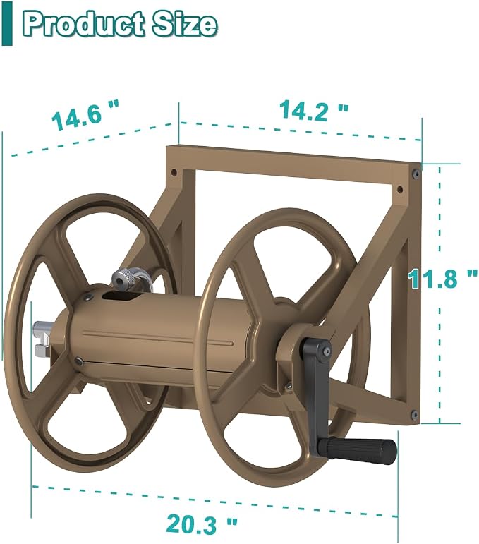 Artigarden Garden Hose Reel Wall Mounted, Outdoor Heavy Duty Powder Coated Metal Water Hoses Holder Winder Holds 125 ft 5/8" Hoses with 3.9ft Leader Hose, Stainless Steel Connector for Outside, Brown