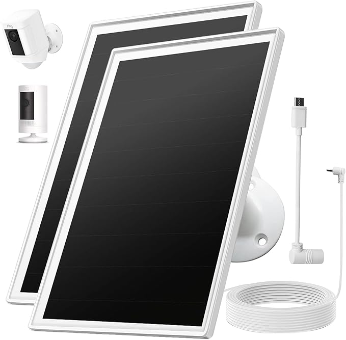 Solar Panel Charger for Ring Camera, Compatible with Ri ng Stick Up Cam Battery, Ring Spotlight Plus/Pro Battery,Waterproof, 5V 6W Fast Charging (White 2Pack)