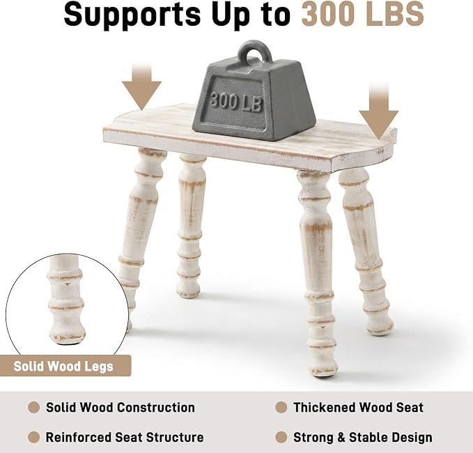 100% Solid Wooden Stool, Farmhouse Wood Step Stool for Adults, Rustic Plant Stool, Vintage Small Stools for Bathroom, Kitchen, Bedroom, Plant Stand, Home Decor